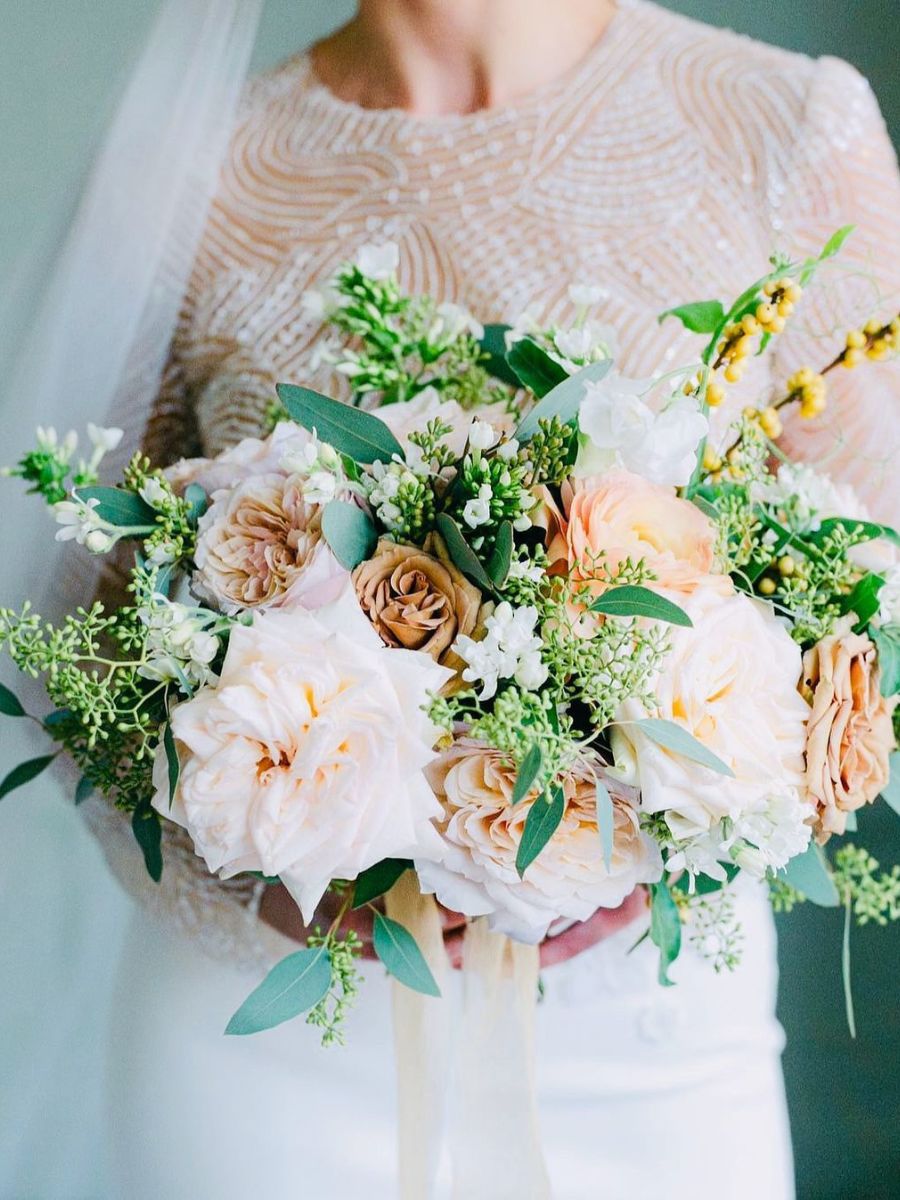 Wedding bouquet using neutral toned garden roses by Alexandra Farms