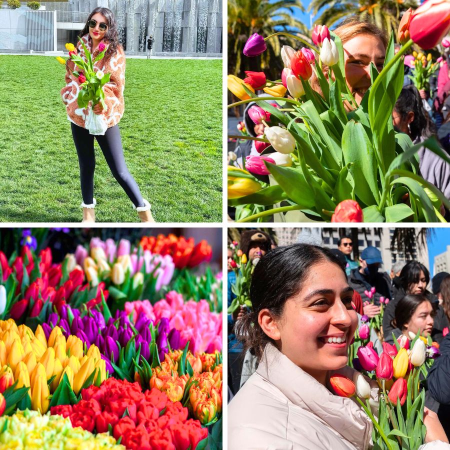 Happy people enjoying their tulips