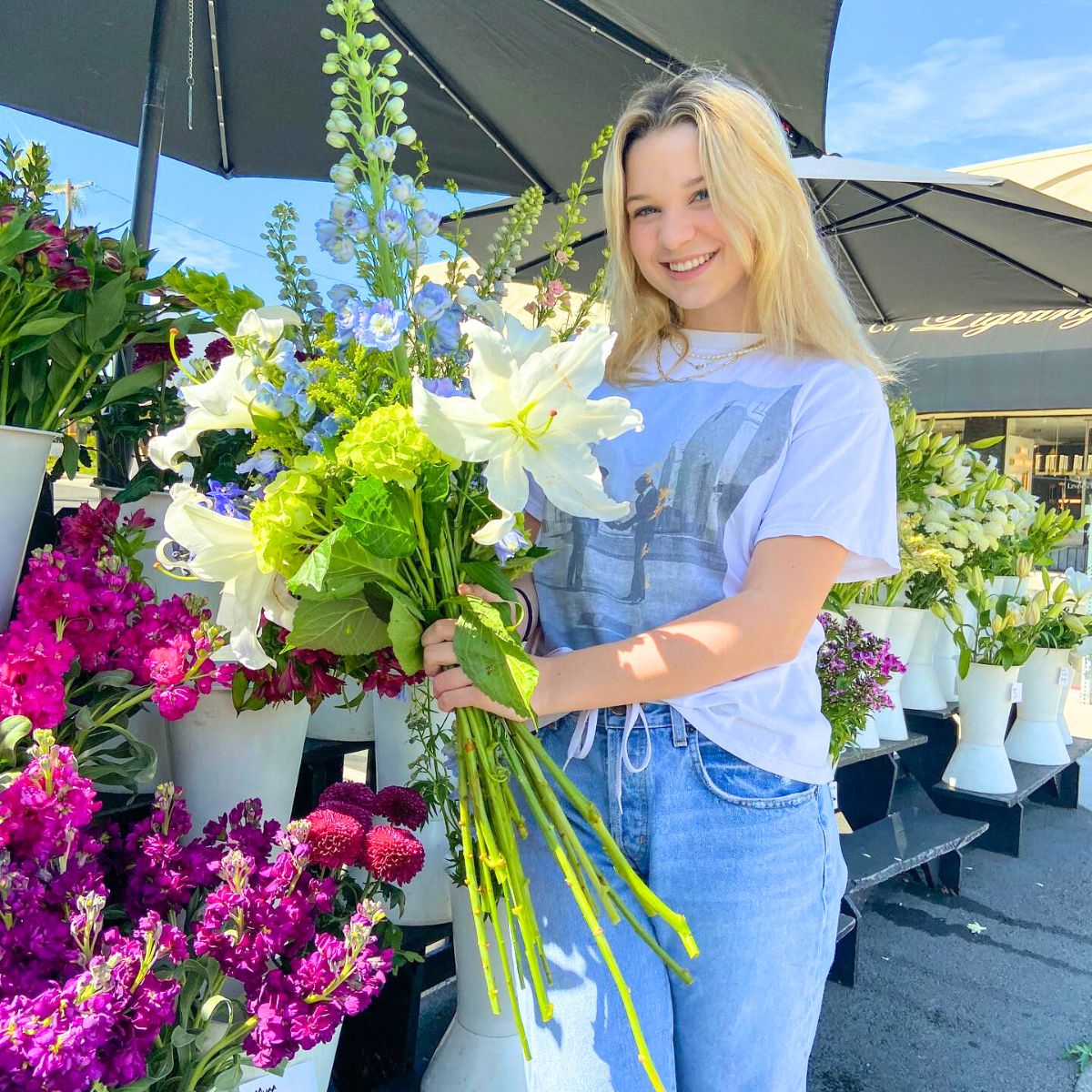 Girl happy with a bouquet of flowers