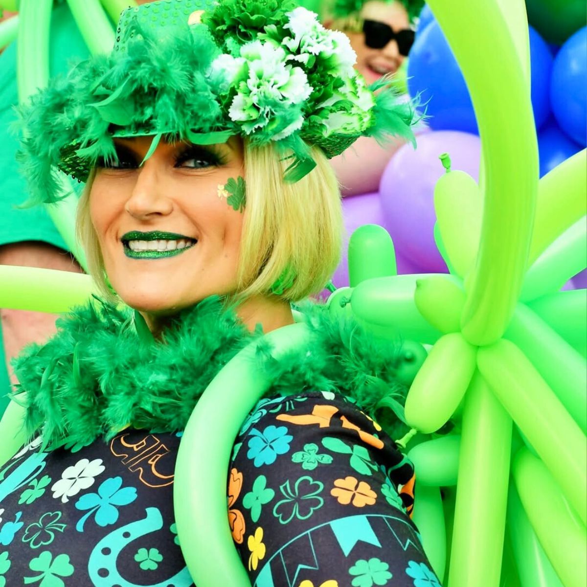 Woman with green carnations on a hat