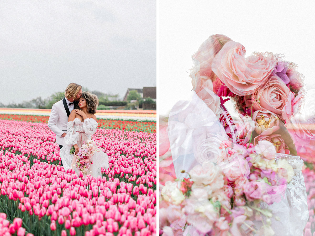 Katya Hutter bride and groom in pink tulip field