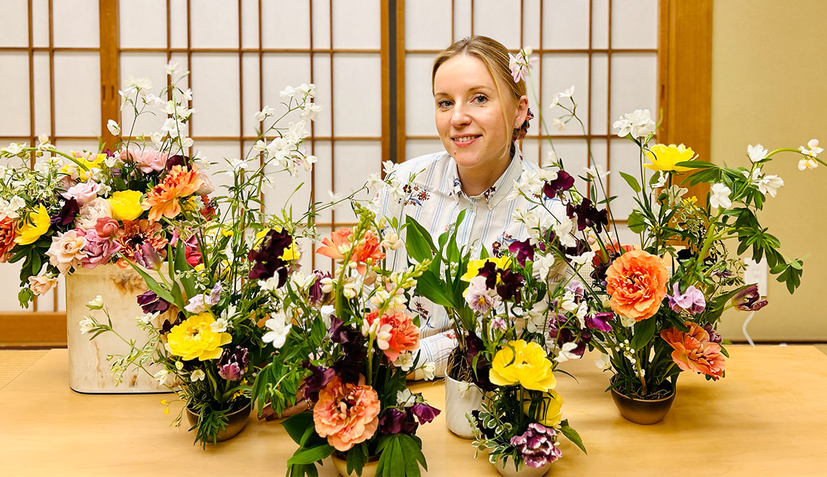 Katya Hutter in Tatami room with floral designs