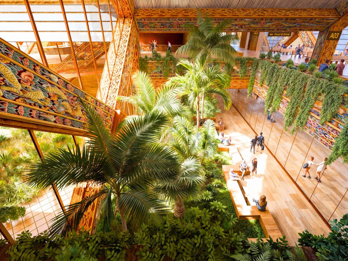 Indoor woodcarvings and plants