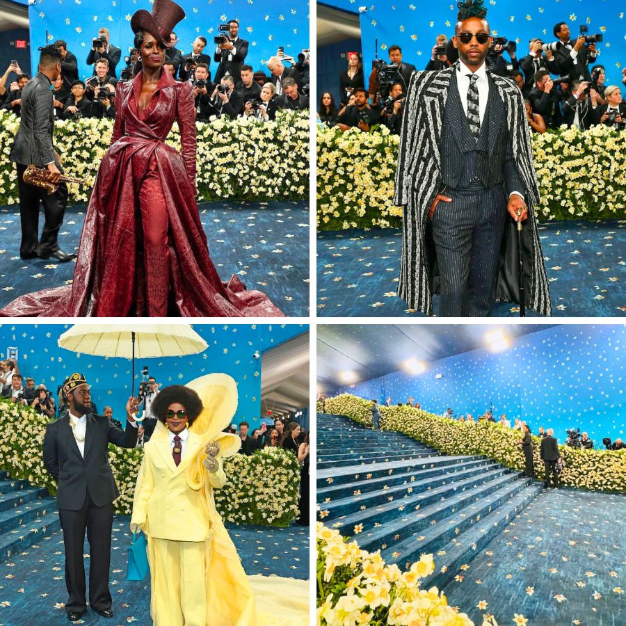 Met Gala outfits and narcissus in the background