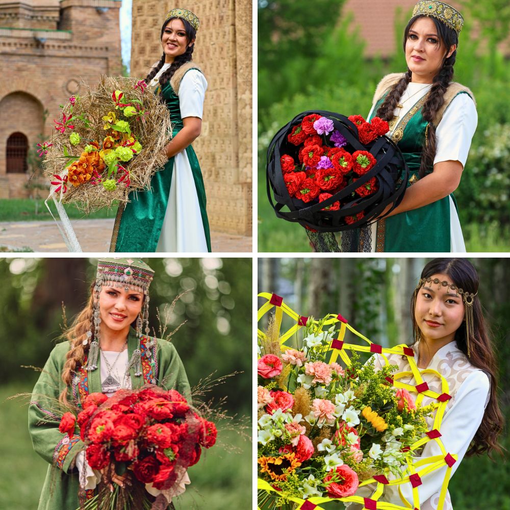 Taraz women with floral bouquets Petr Anokhin’s Floral Designs at the Tulip Festival in Taraz