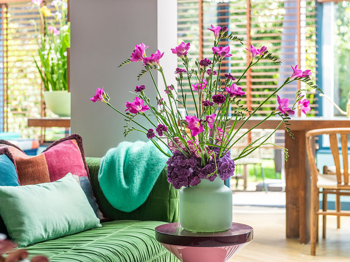 Pink Freesia One XXL bouquet on table