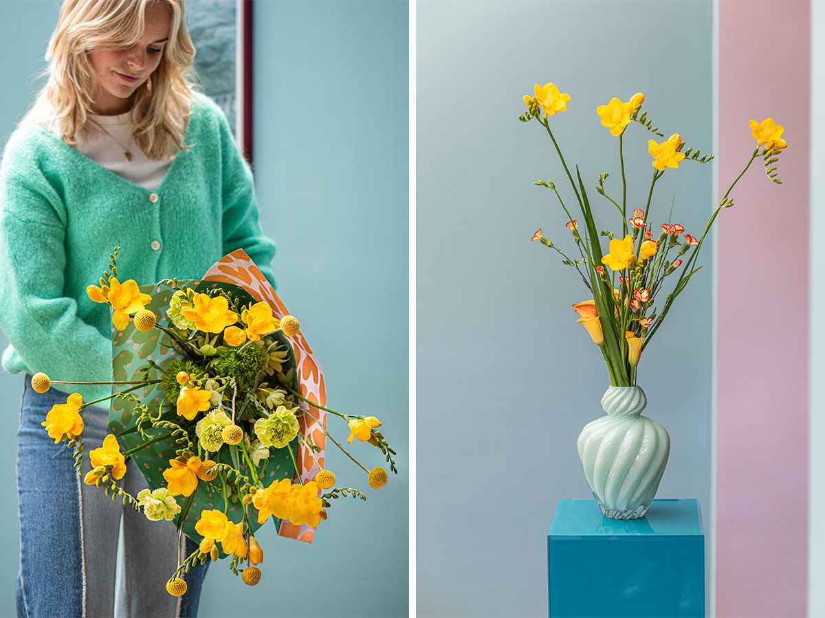 Girl with yellow bunch of Freesia One XXL