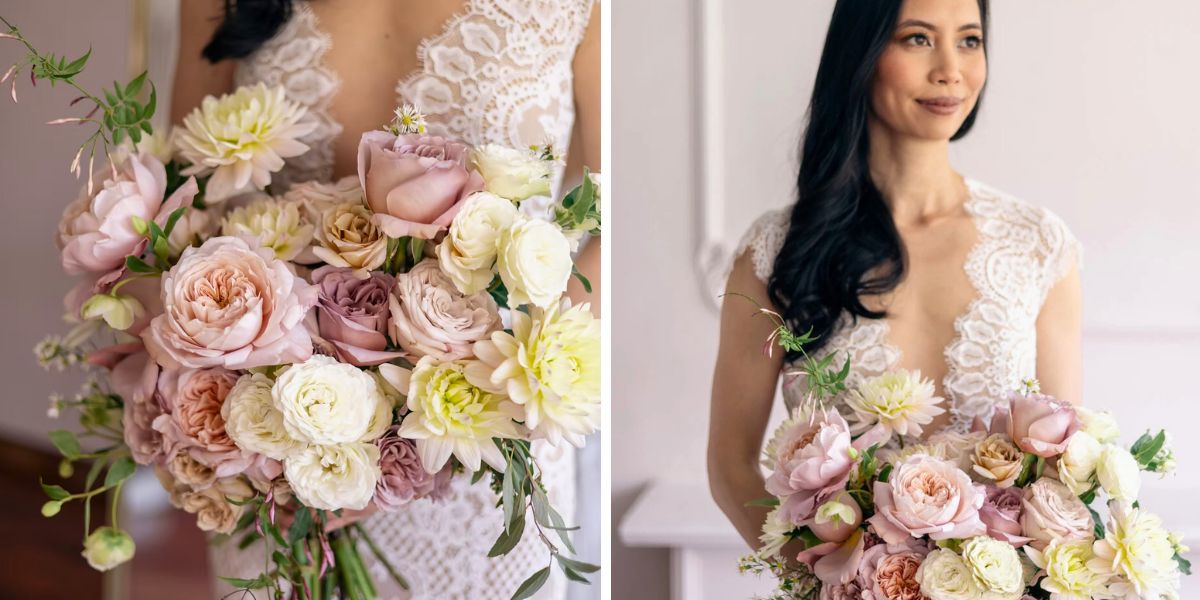 Modern shapes and colors in wedding designs with garden roses