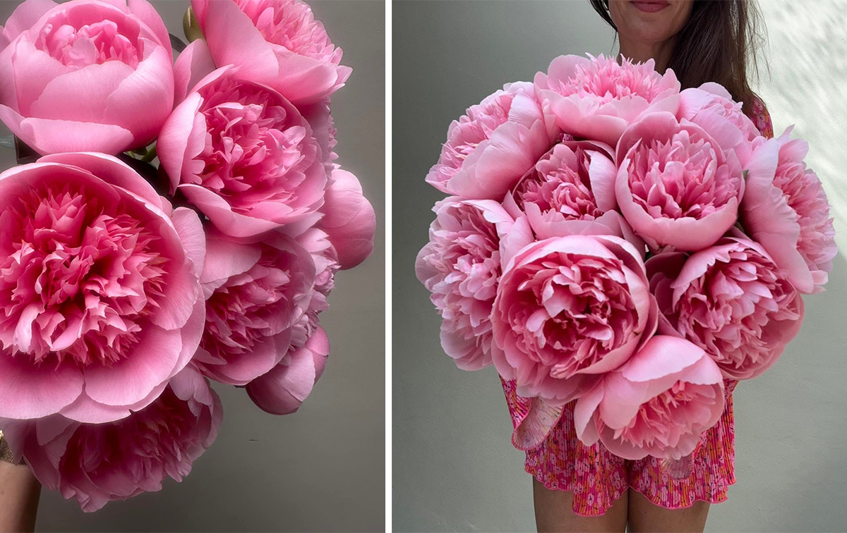Model in pink dress with pink peonies