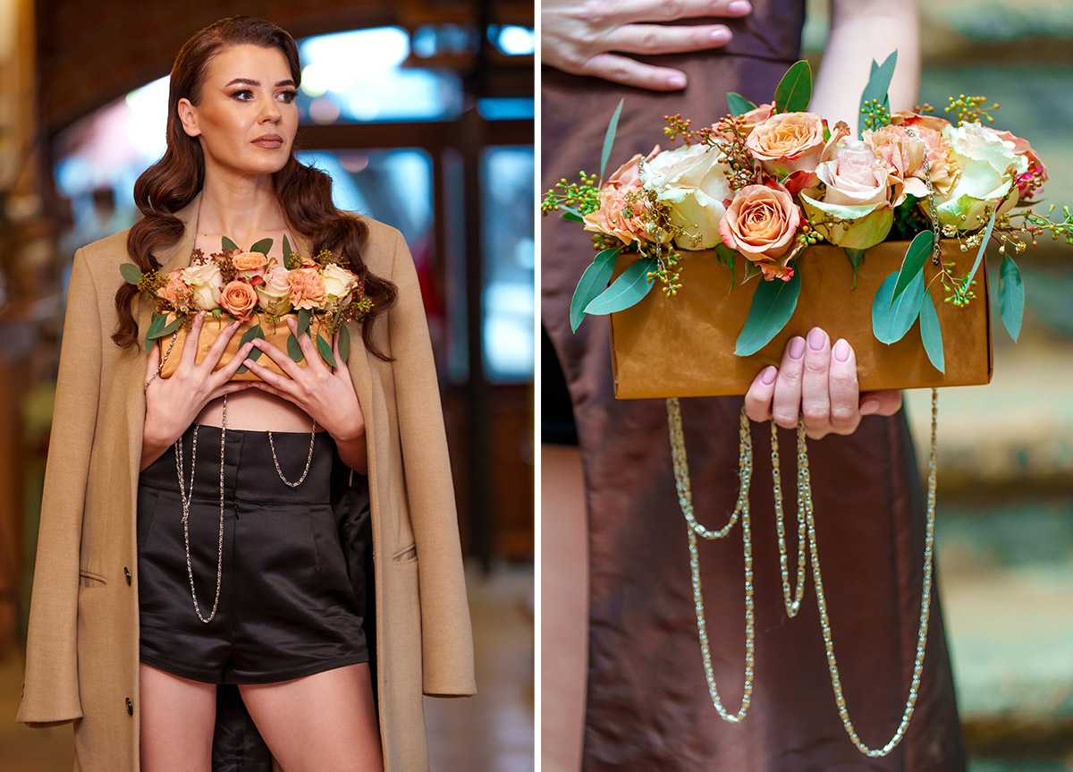 Laura Draghici model with bag in Pantone Mocca Mousse