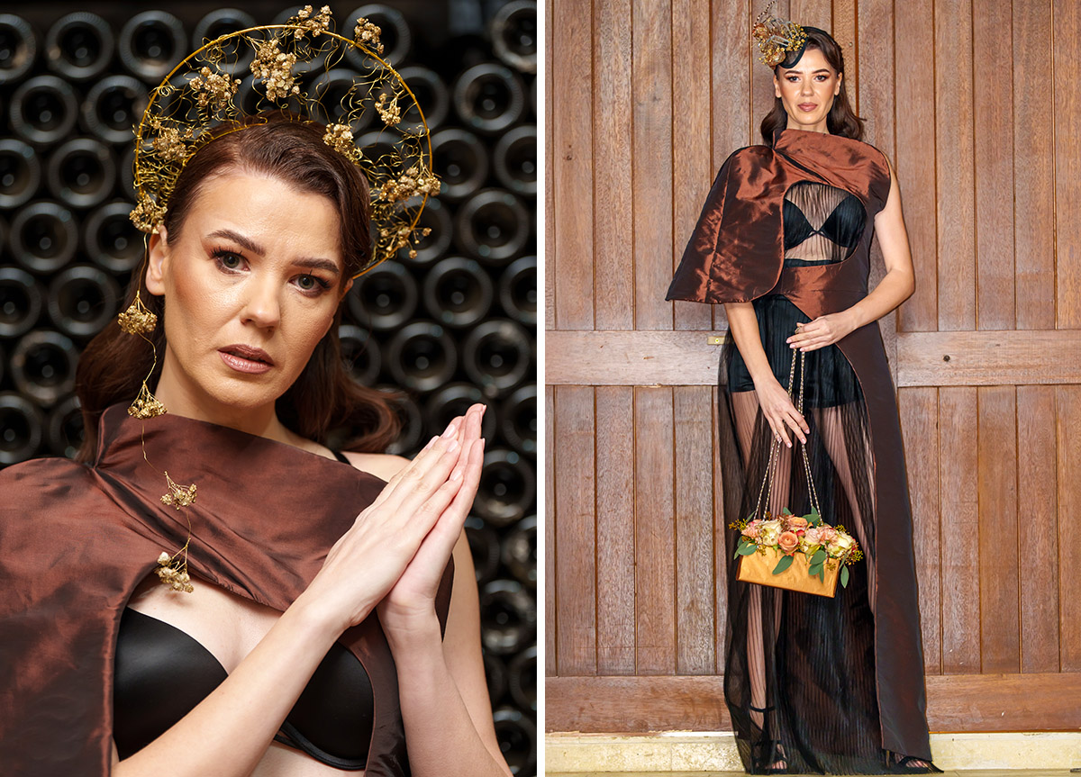 Laura Draghici model with Pantone Mocca Mousse crown