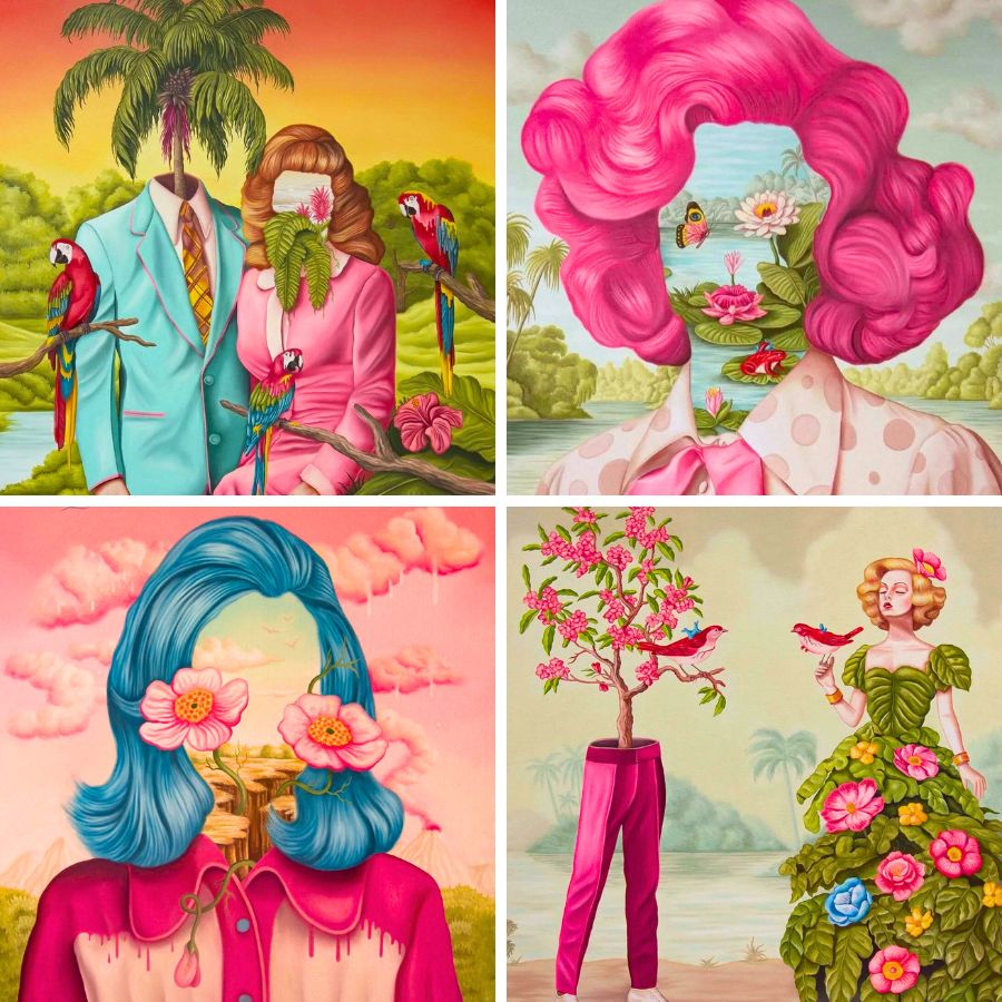 Human faces and shapes filled with floral art