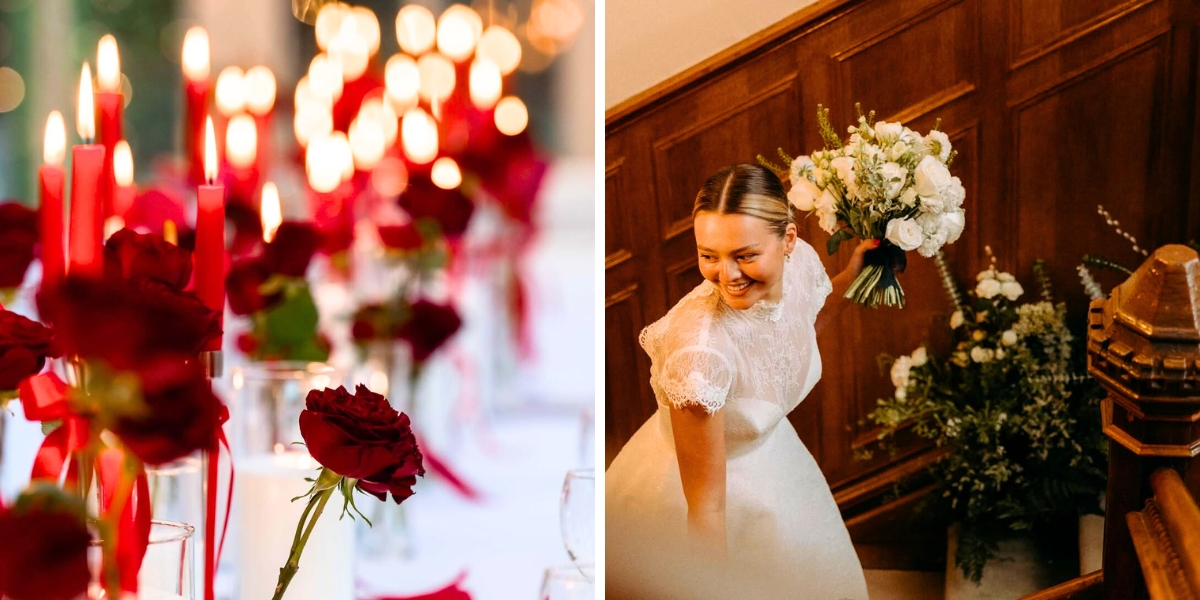 Red and white tones with brown background