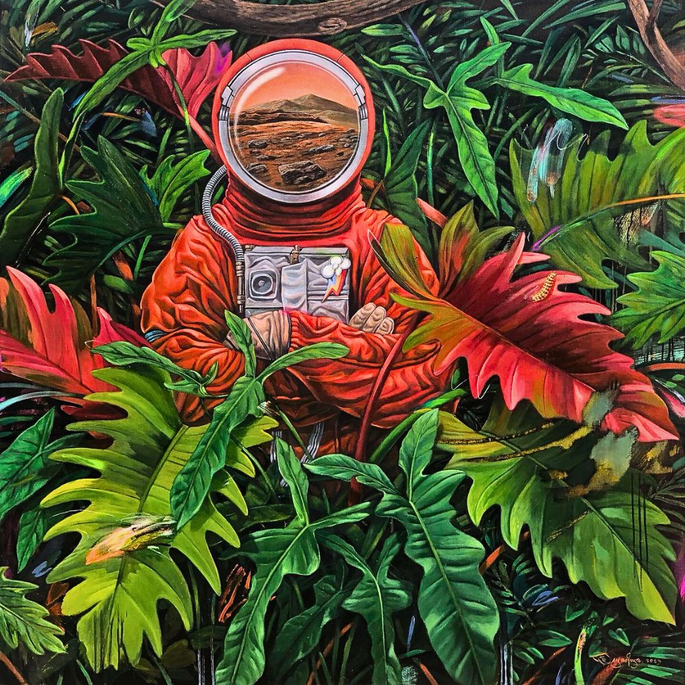 Astronaut in a floral utopia Agus Putu Suyadnya’s Symbiotic Utopia Paints a Surreal Vision of Nature and Humanity’s Survival