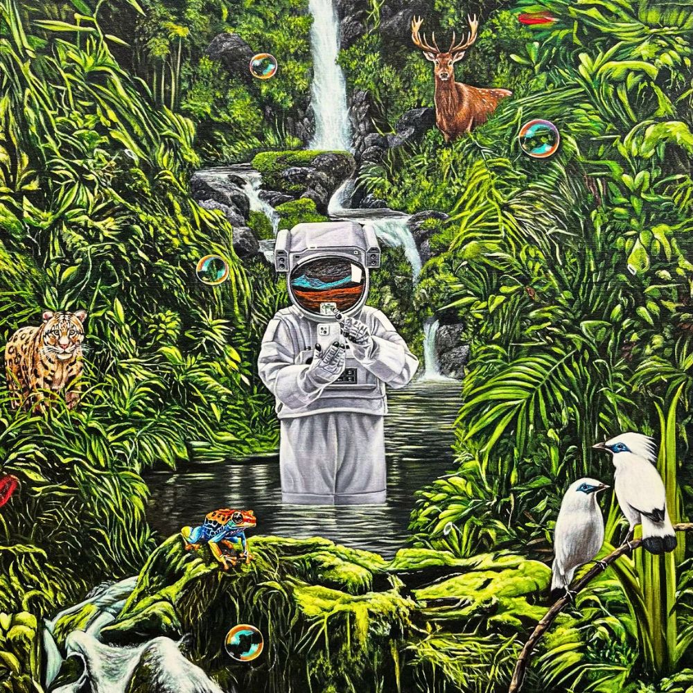 Tropical jungle scene painting Agus Putu Suyadnya’s Symbiotic Utopia Paints a Surreal Vision of Nature and Humanity’s Survival