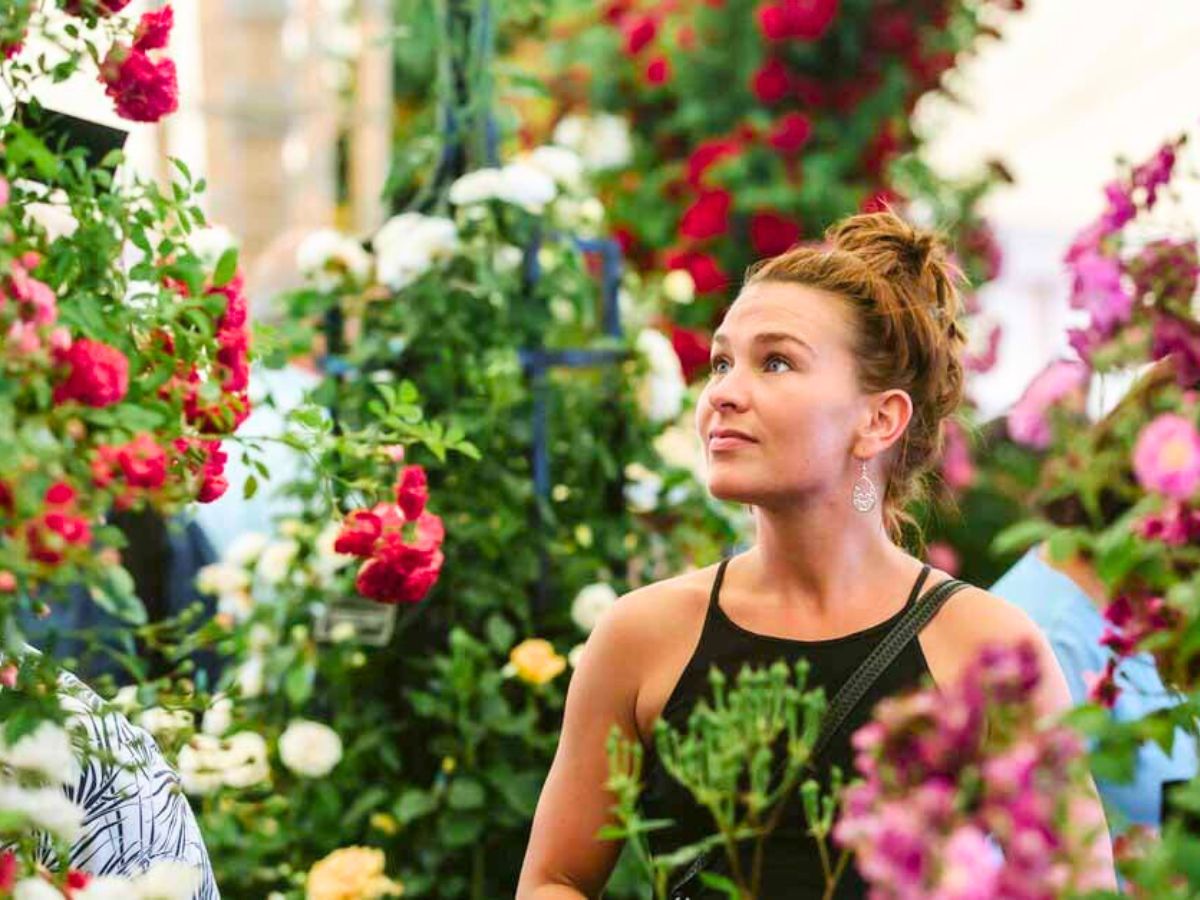 Girl looking at plants and flowers Girl looking at plants and flowers