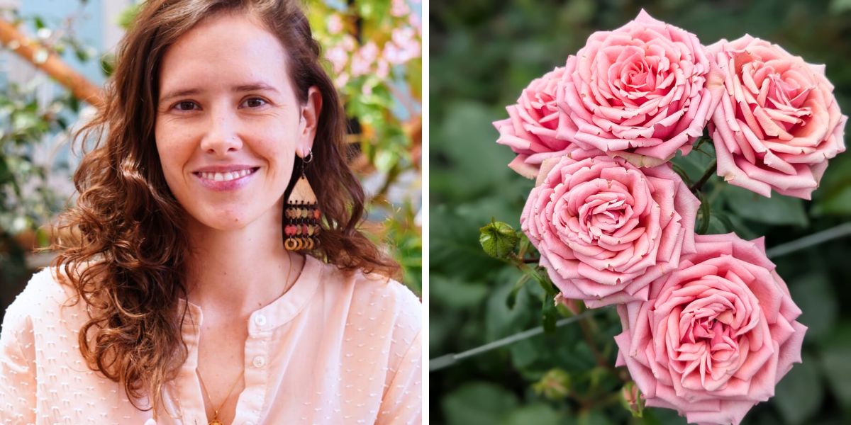 Caridad Saenz alongside pink roses by De ruiter