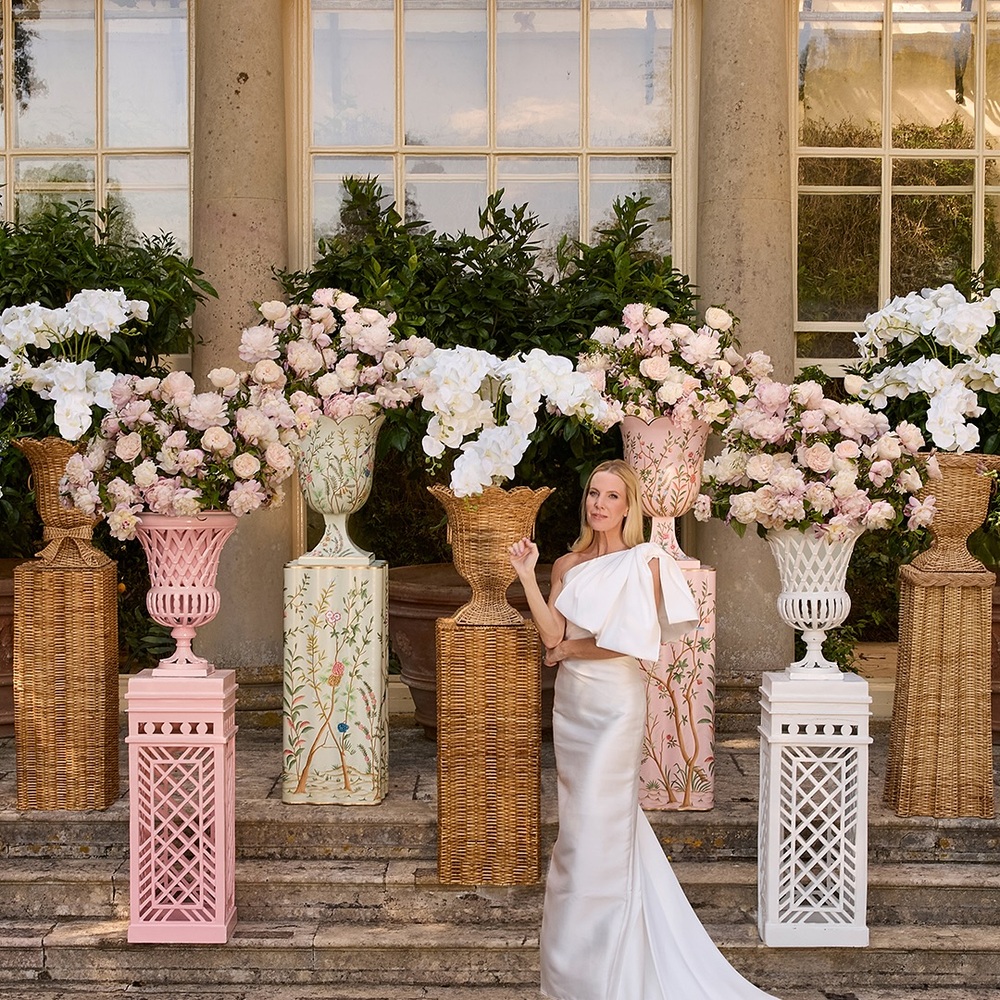 Elegant bride with floral urns Elegant bride with floral urns