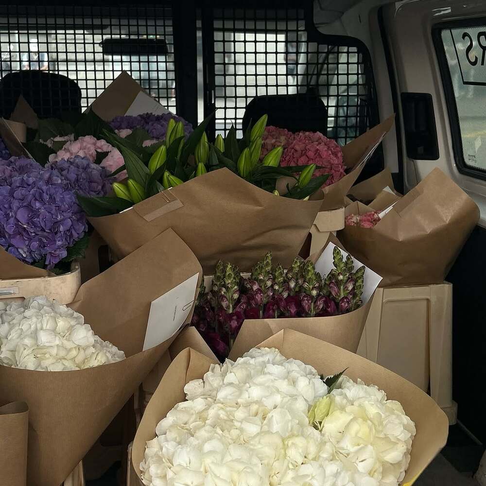 Fresh flower bouquets in van