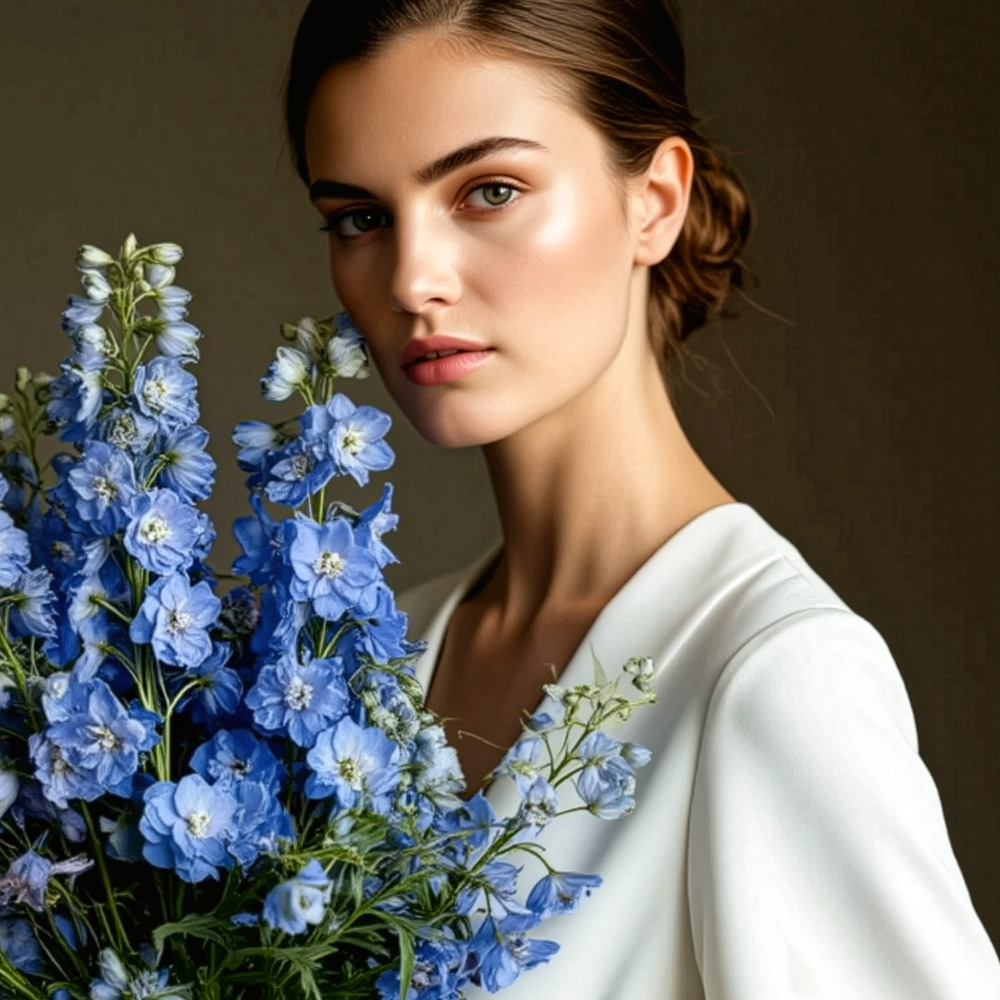 Blue Delphinium bouquet with girl from botanika.rs Blue Delphinium bouquet with girl from botanika.rs
