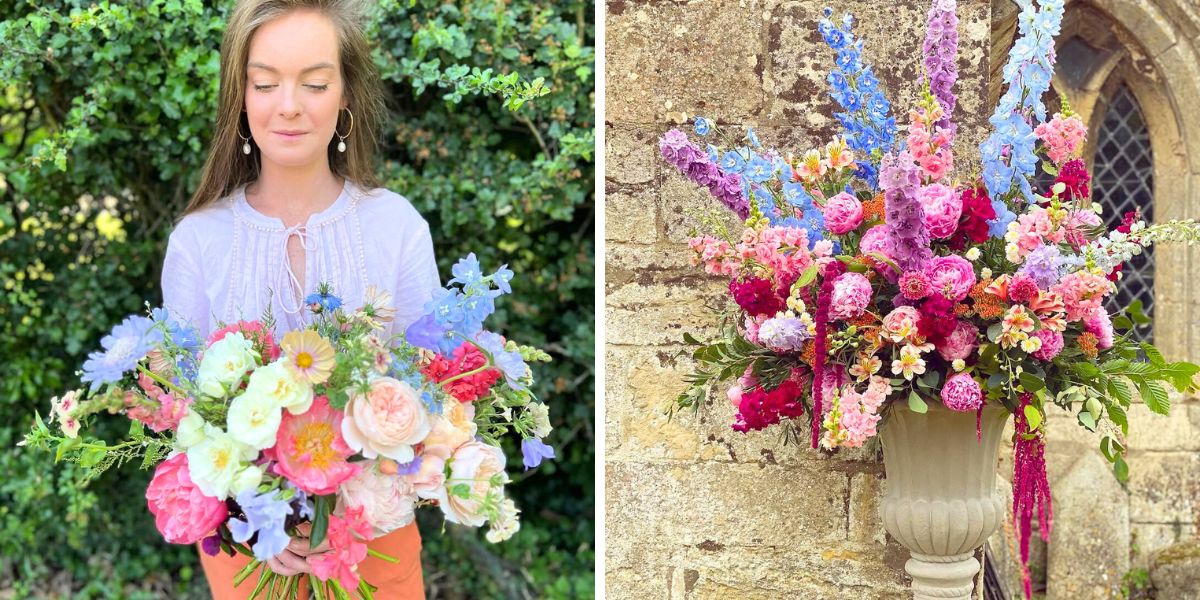 Hariet with two of her floral designs