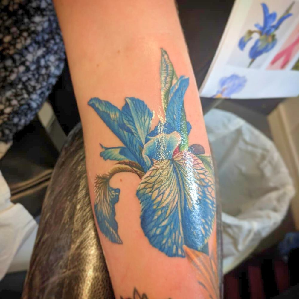 Blue Iris flower tattoo flower enthusiasts getting blue irises flower tattoo in vibrant colors