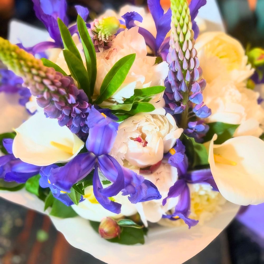 A mix of peonies and blue Iris flowers blue irises are considered great flower for floral arrangements and designs