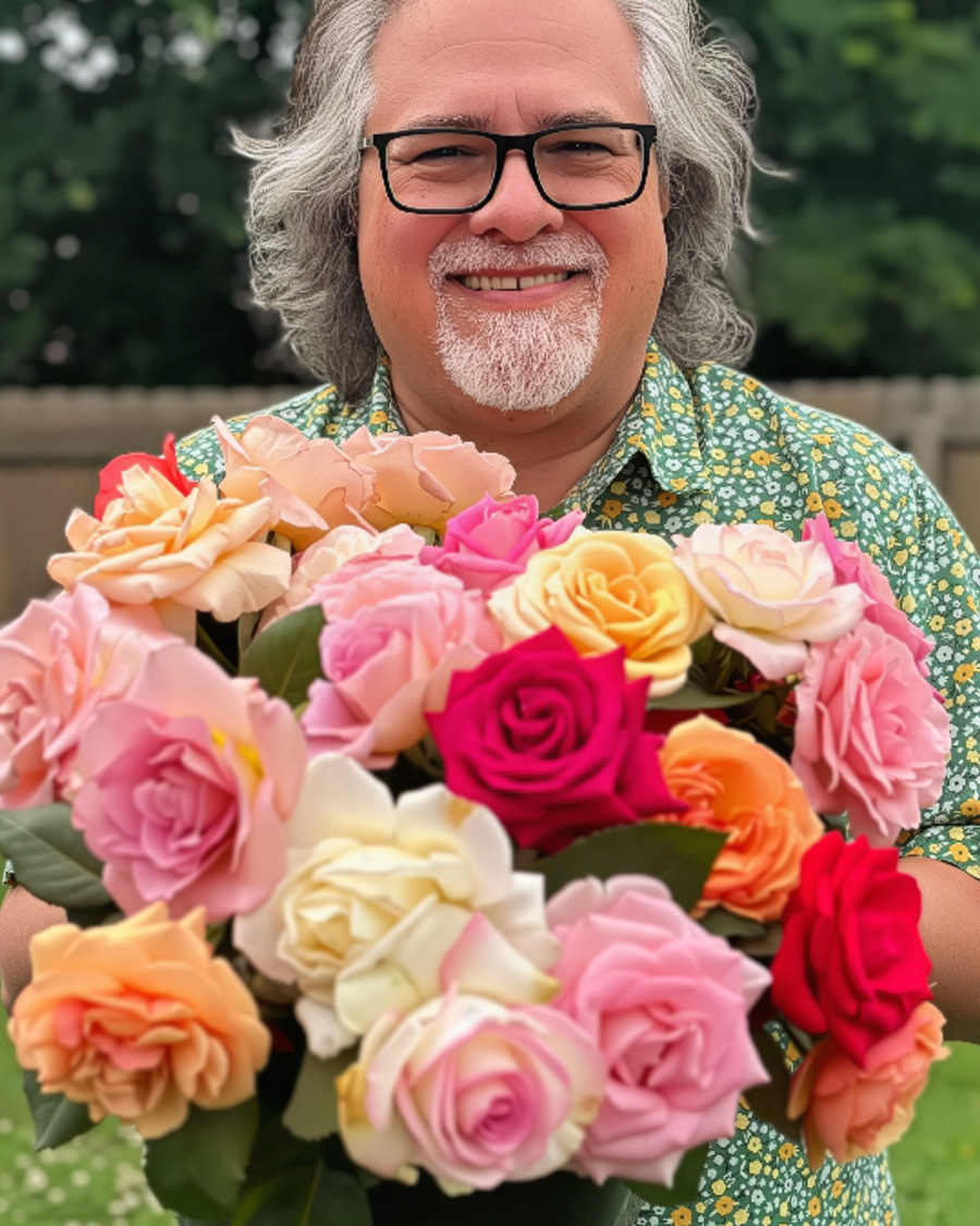 Scott Shepherd with bunch of mixed roses