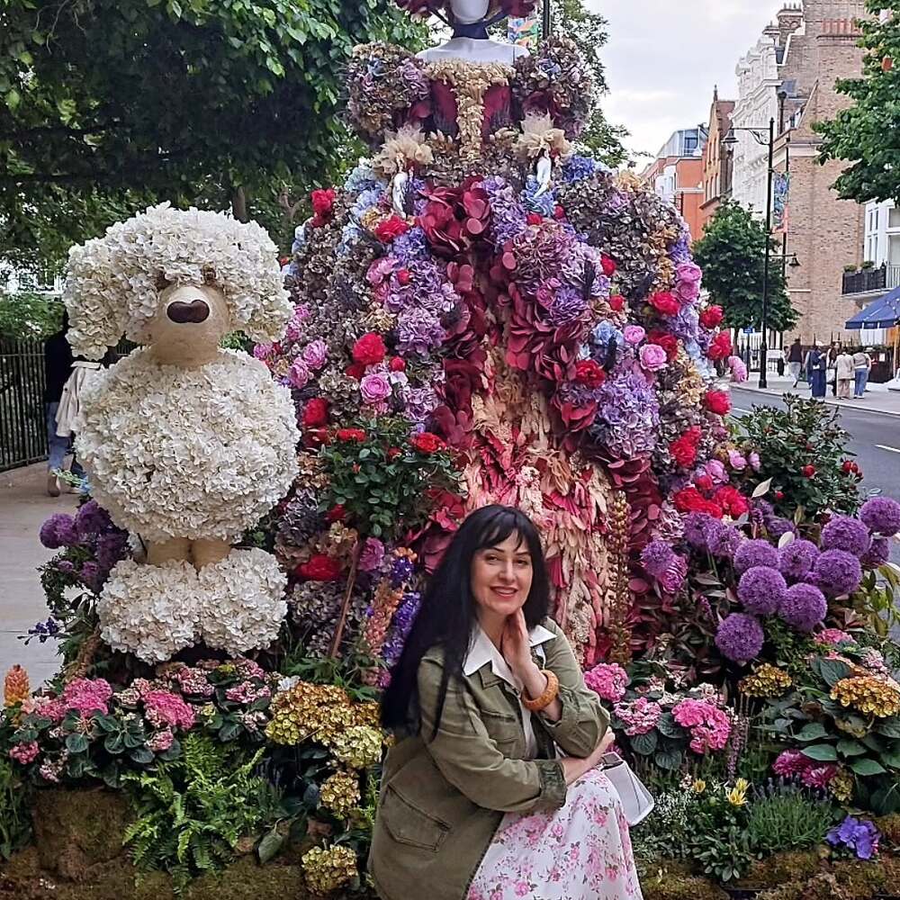Floral sculpture and colorful garden