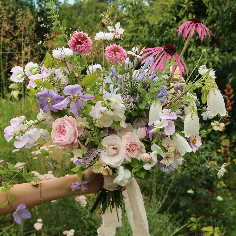 Handheld bouquet of garden blooms