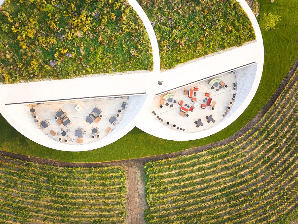 Upper view of UFO shaped like structures filled with nature Upper view of UFO shaped like structures filled with nature