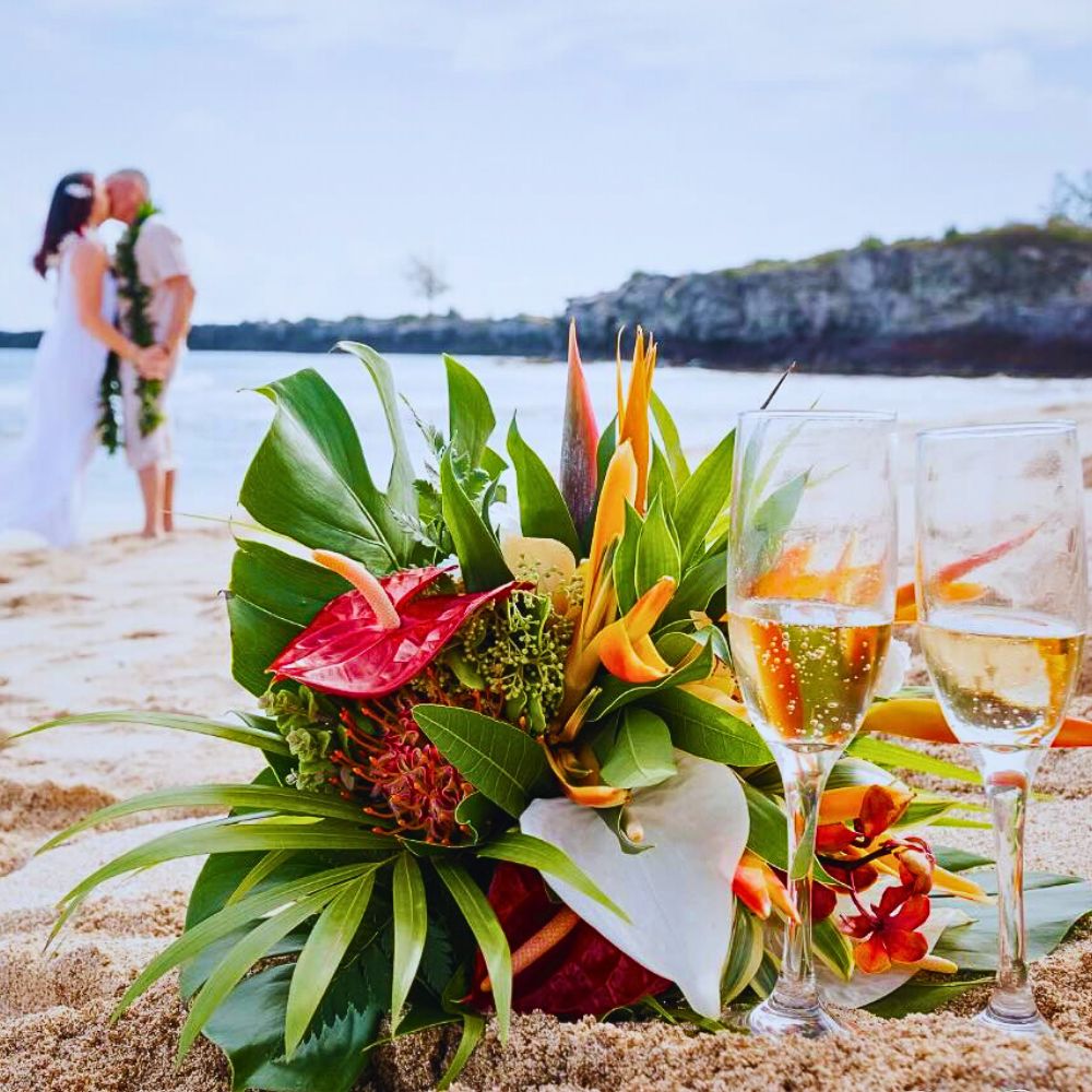 Floral bouquet floral design for wedding using Bird of Paradise and other flowers and foliage