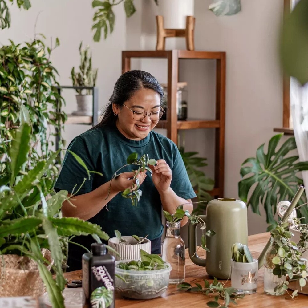 Smiling woman caring for plants Smiling woman caring for plants