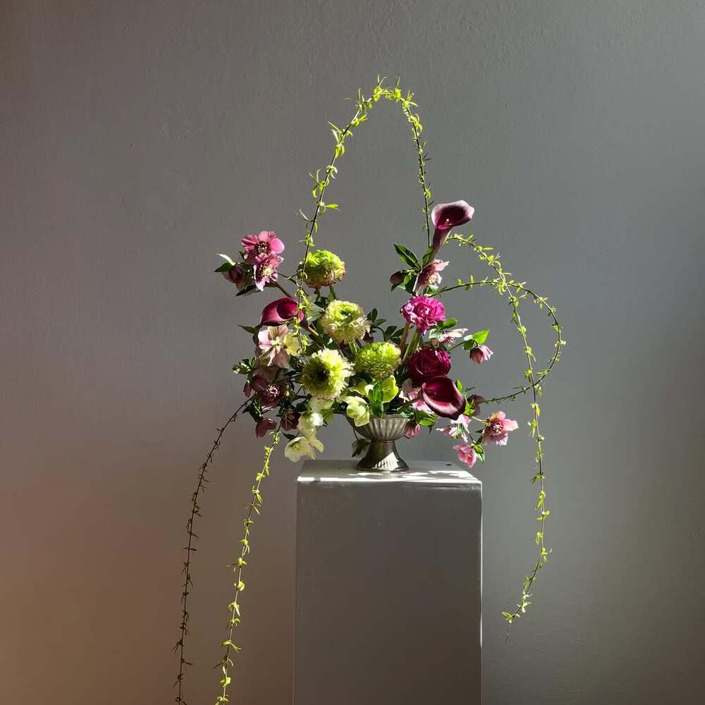 Artistic flower display with vines