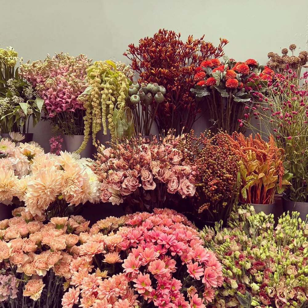 Assorted fresh flowers in buckets