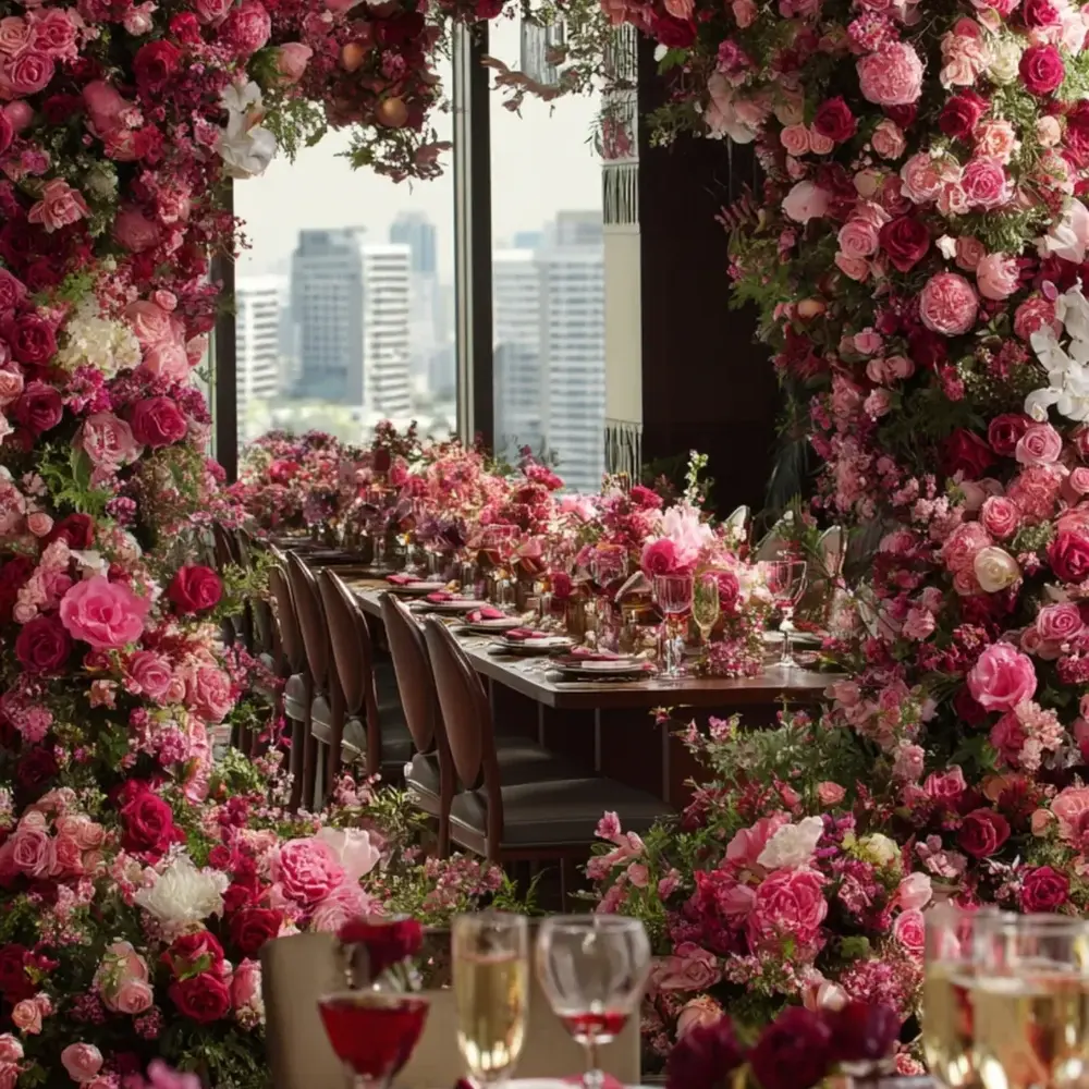 Romantic floral arch at wedding reception
