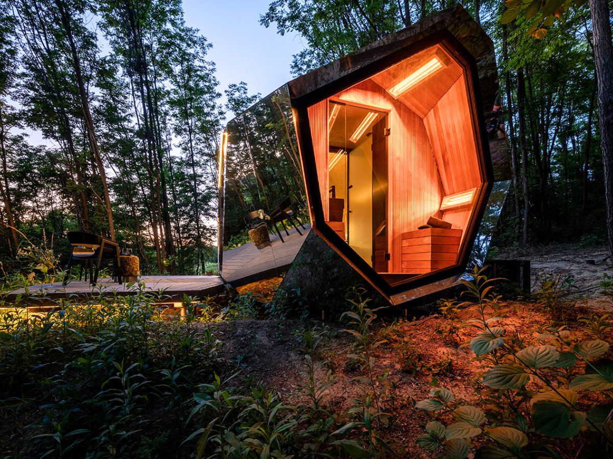 The view of the cabin at night