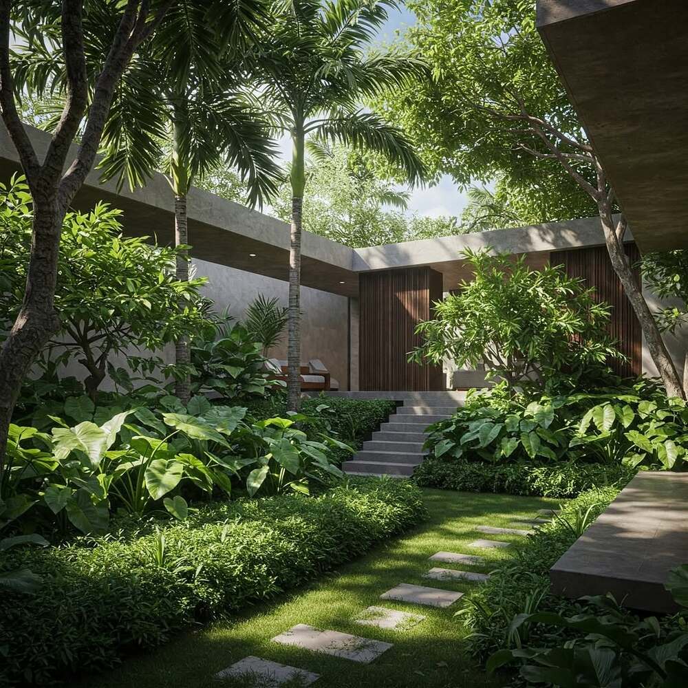 Green space design with tropical trees