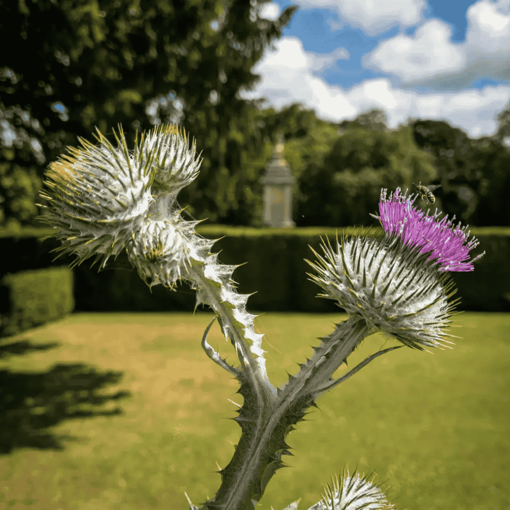 A spiky thistle plant with a purple flower and a bee hovering, set against a green garden landscape with a monument in the background.