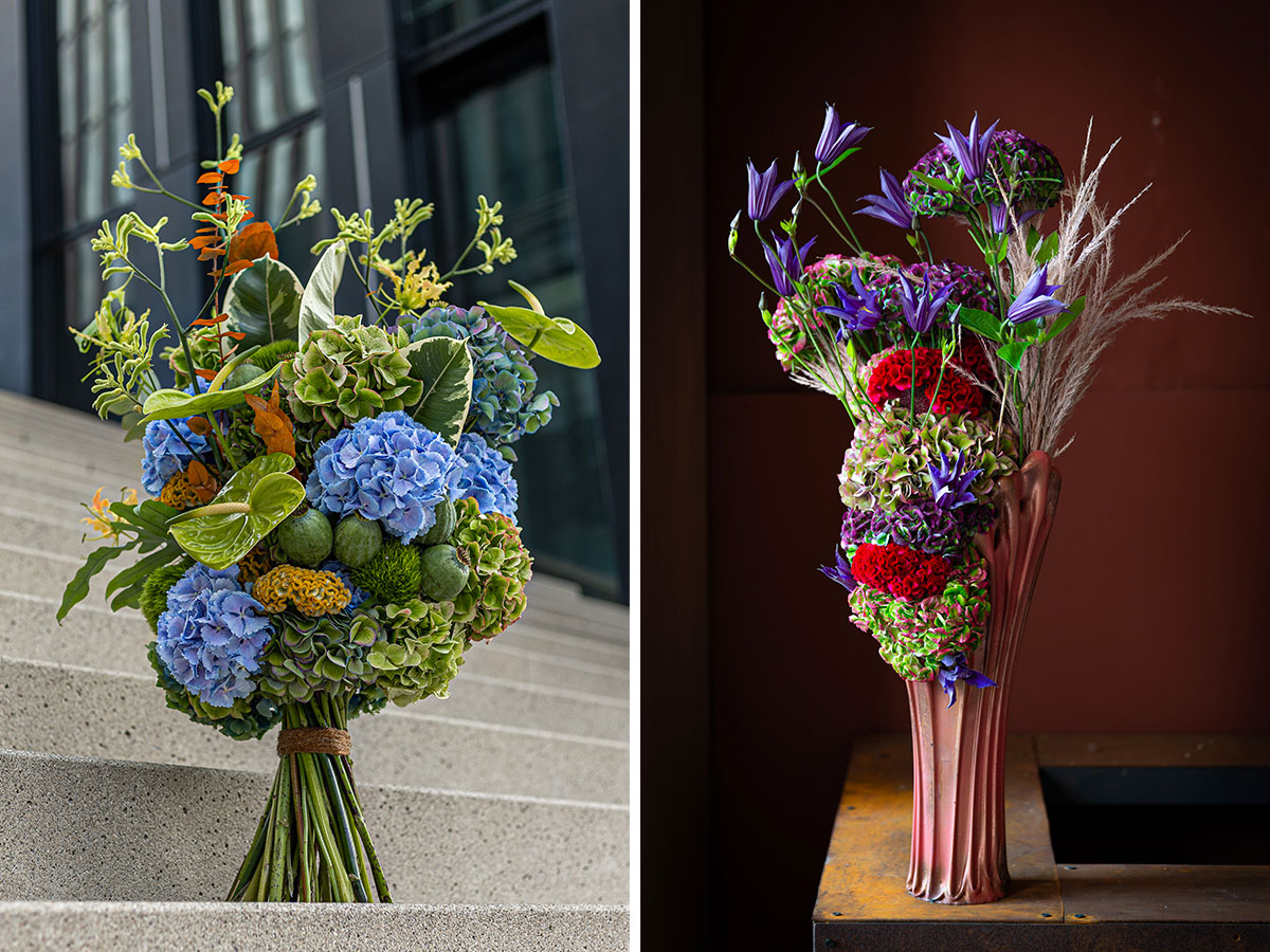 Hydrangea World Iconic green blue and purple bouquets