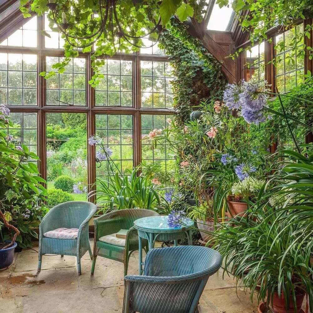Cozy garden seating with flowers