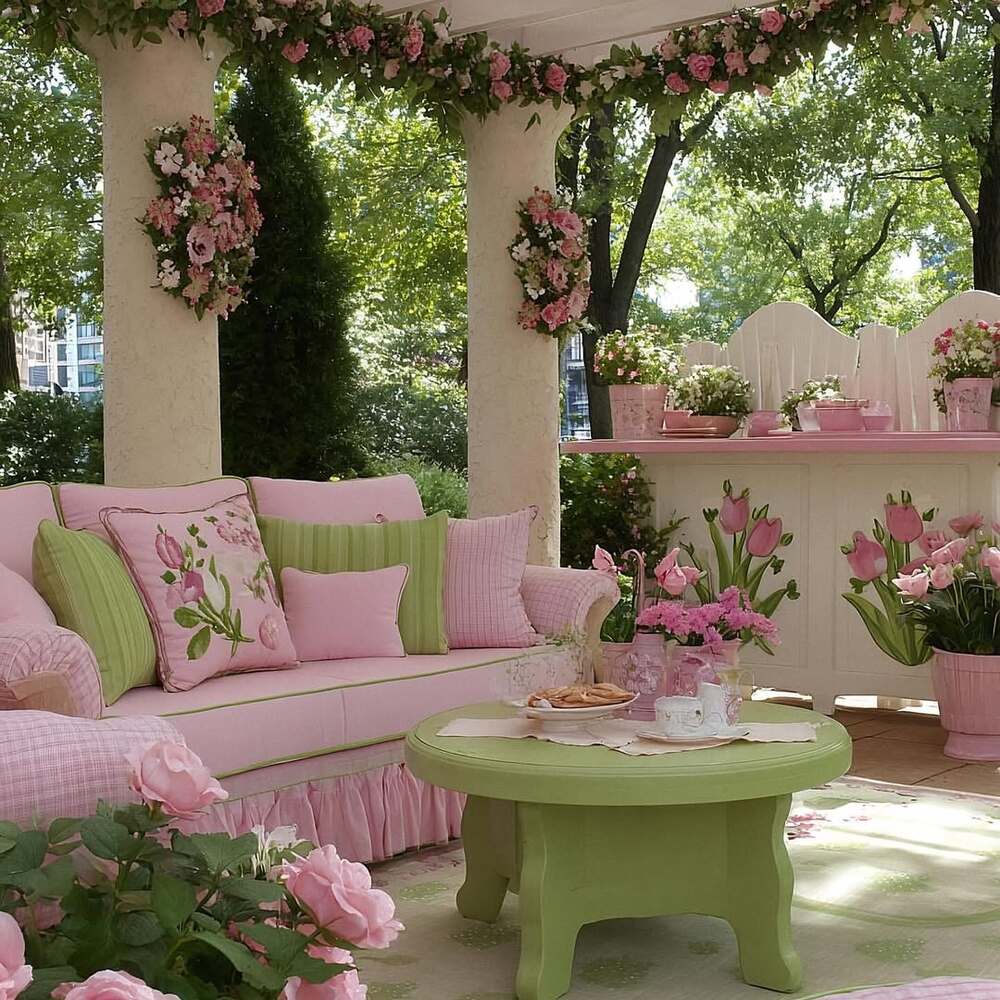 Pastel garden seating with flowers Pastel garden seating with flowers