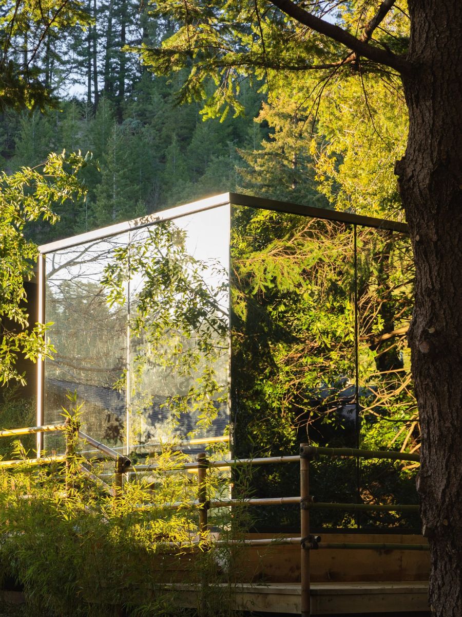 Reflection of mirrored cabins in Oregon