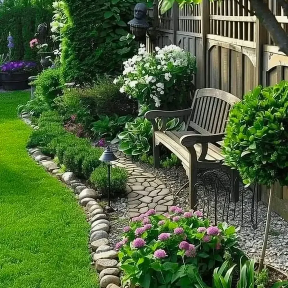 Garden bench surrounded by lush plants Garden bench surrounded by lush plants