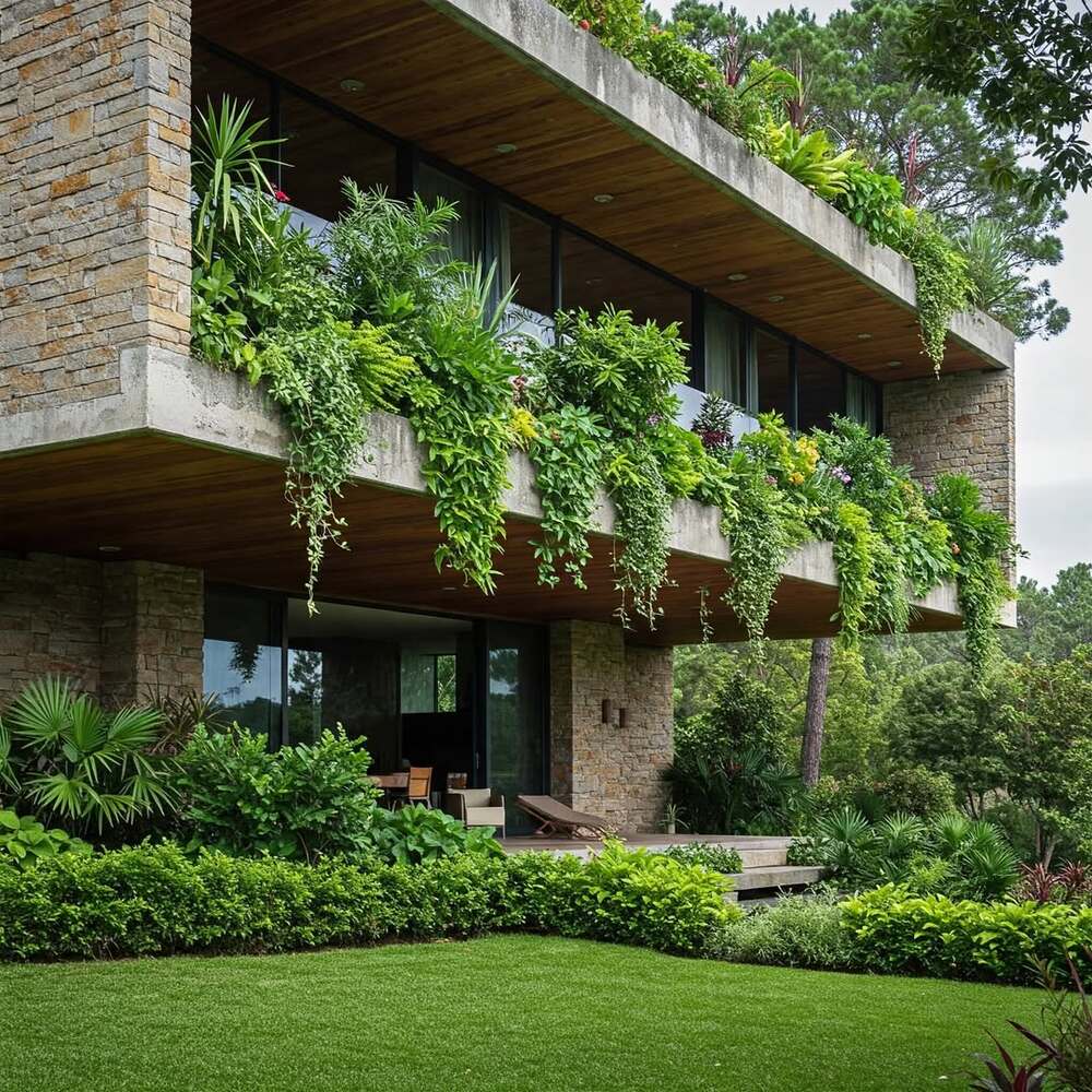 Modern stone home with lush landscaping Modern stone home with lush landscaping