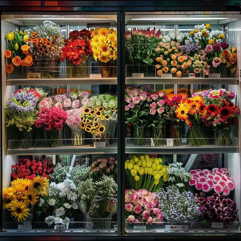 Refrigerated display of colorful cut flowers Refrigerated display of colorful cut flowers