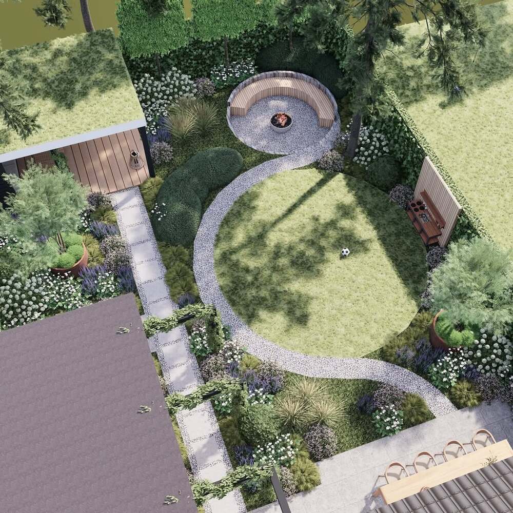 Modern garden with lawn and fire pit Modern garden with lawn and fire pit