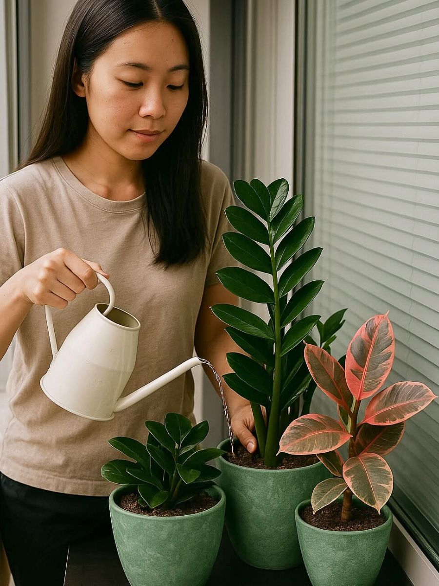 Houseplants a woman watering her small zz plants