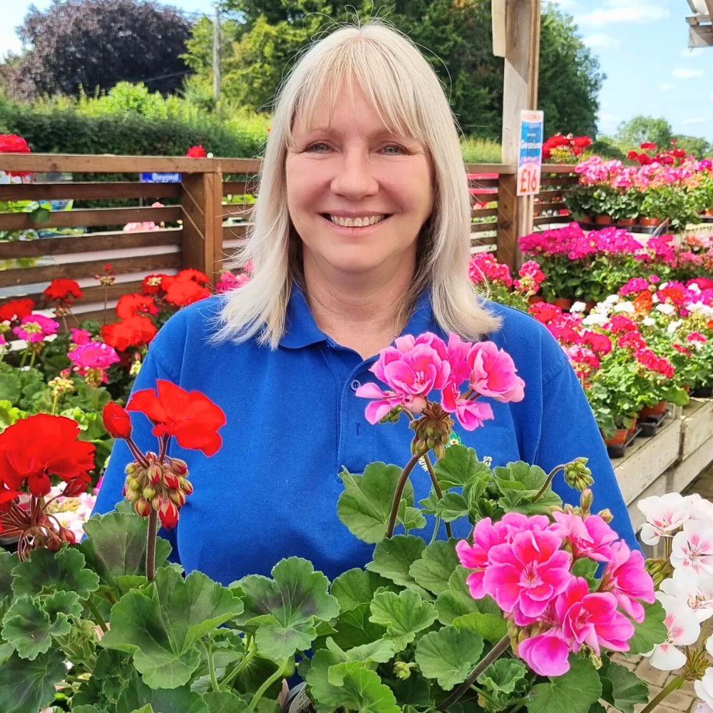 woman standing next to geranium plants with flowers