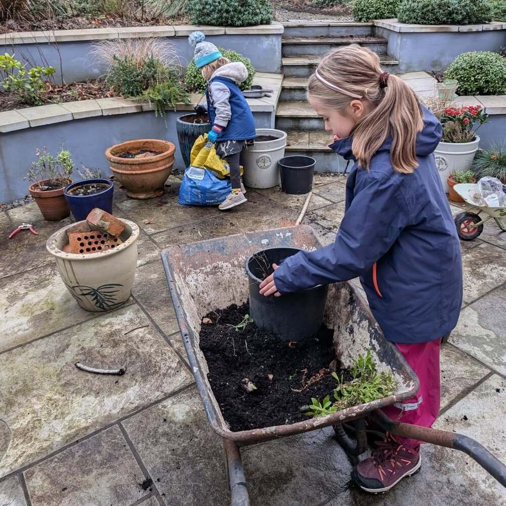 Kids potting flowers together